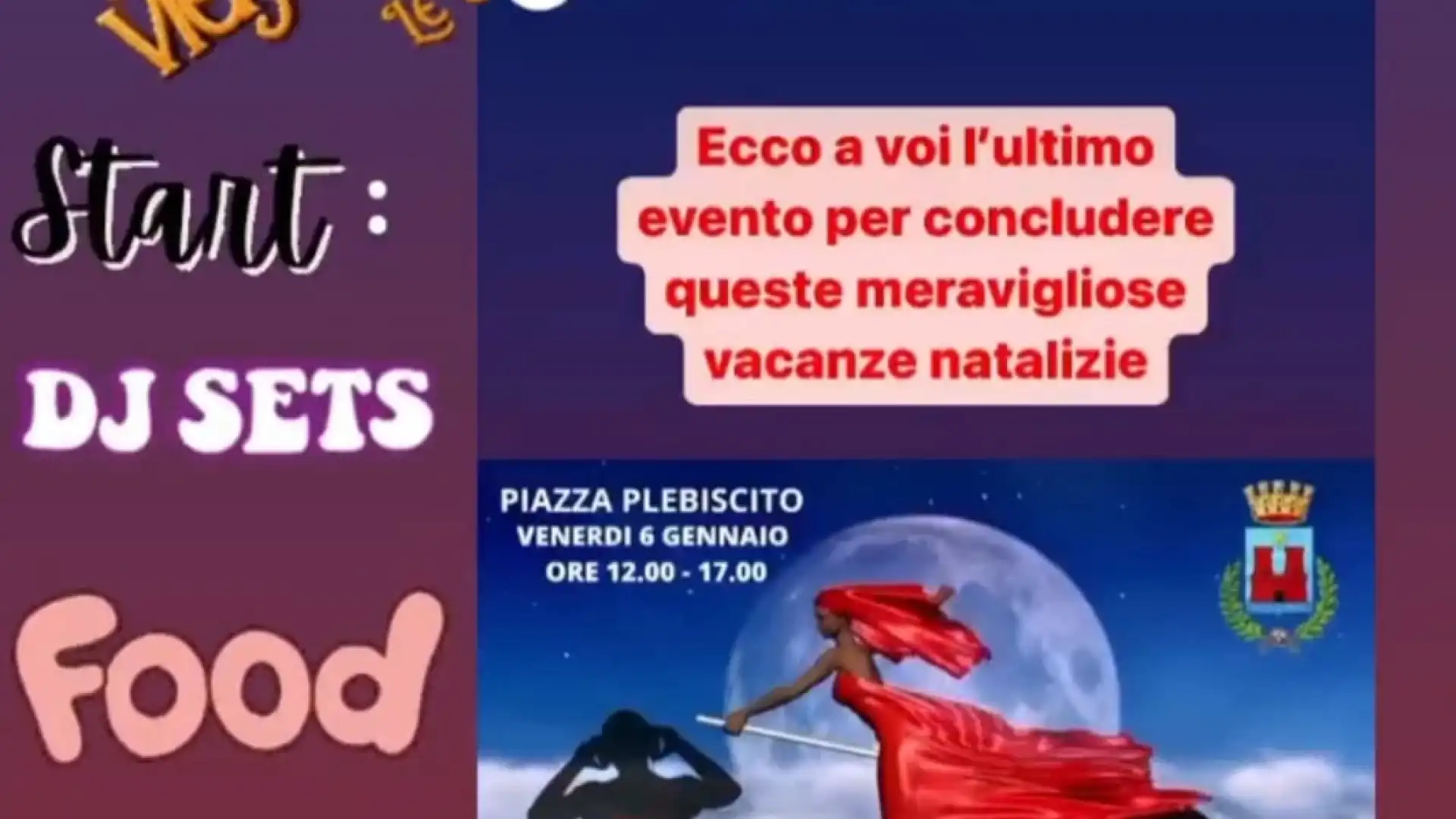 Castel Di Sangro: in Piazza Plebiscito LA Befana vien di giorno. Dalla ore 12 alle 17 party con musica e street food.